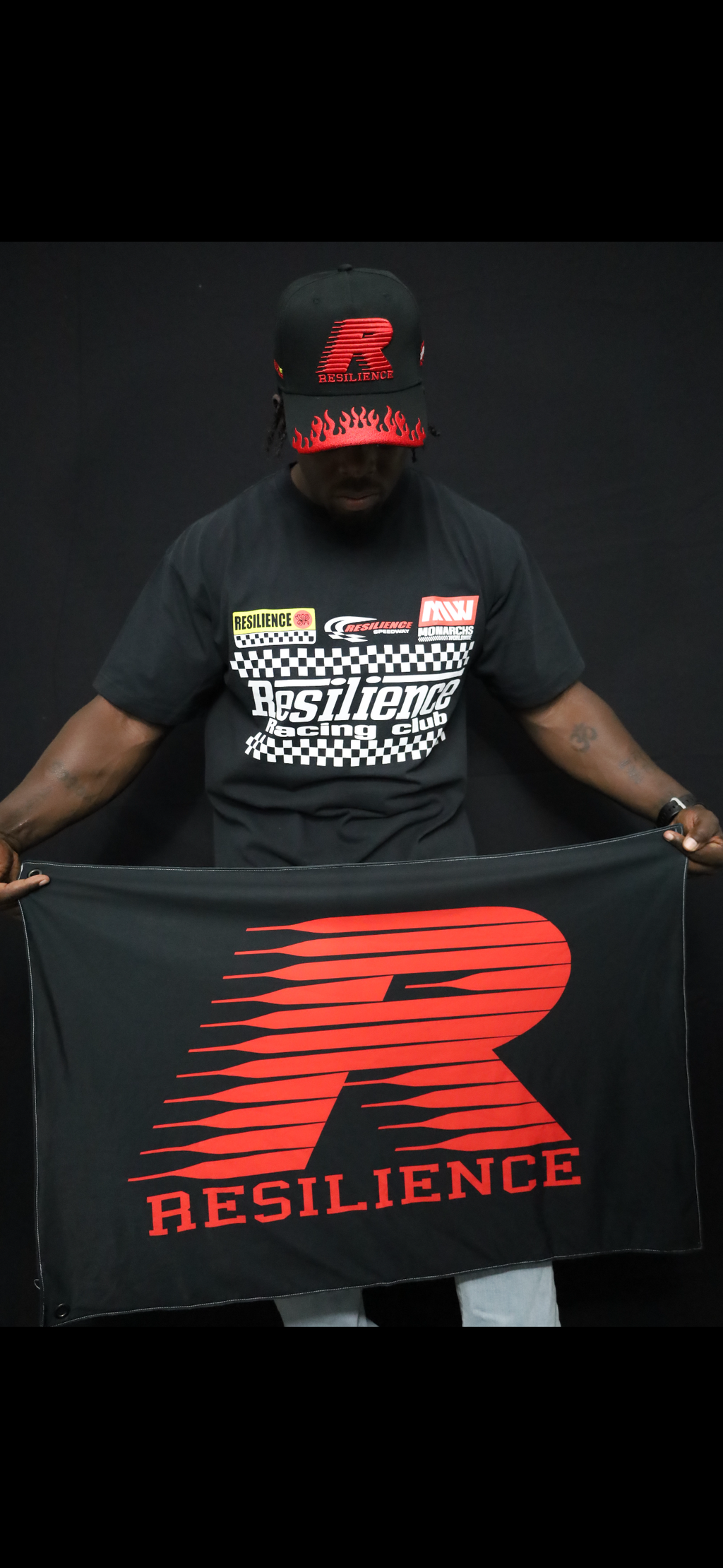 "RESILIENCE RACING" 5 PANEL SNAPBACK HAT IN BLACK